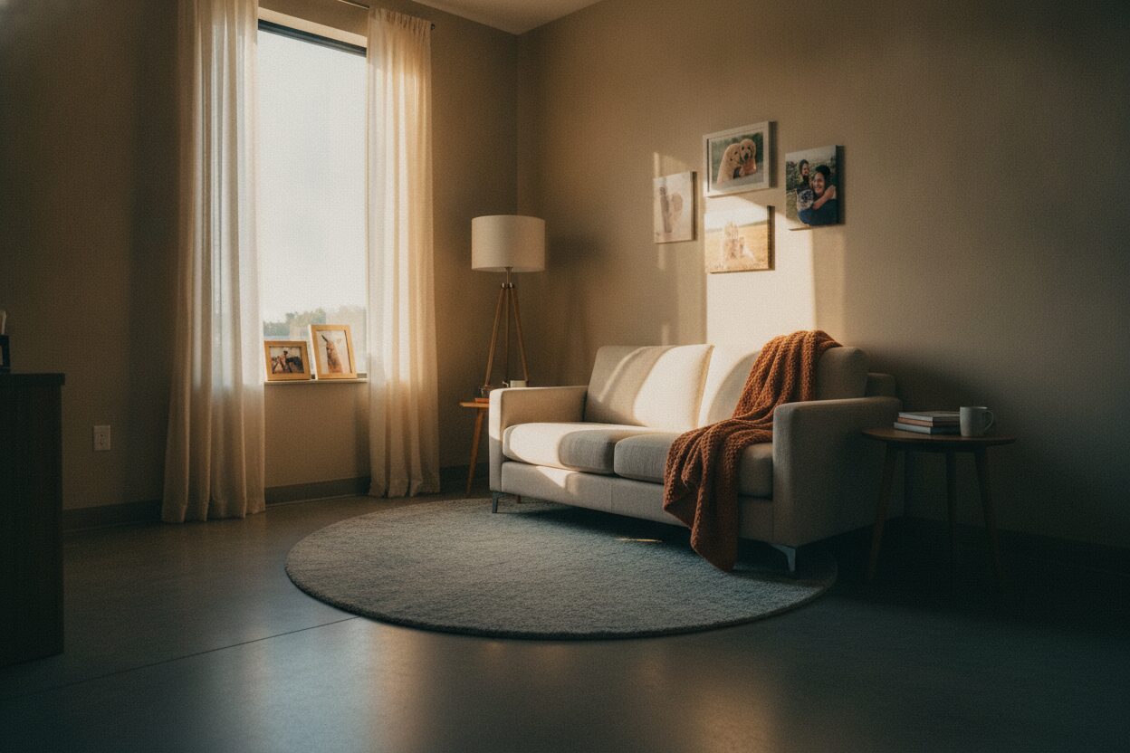 The clinic's quiet room in late afternoon light: a low couch, a folded wool blanket, a lamp, and no exam table