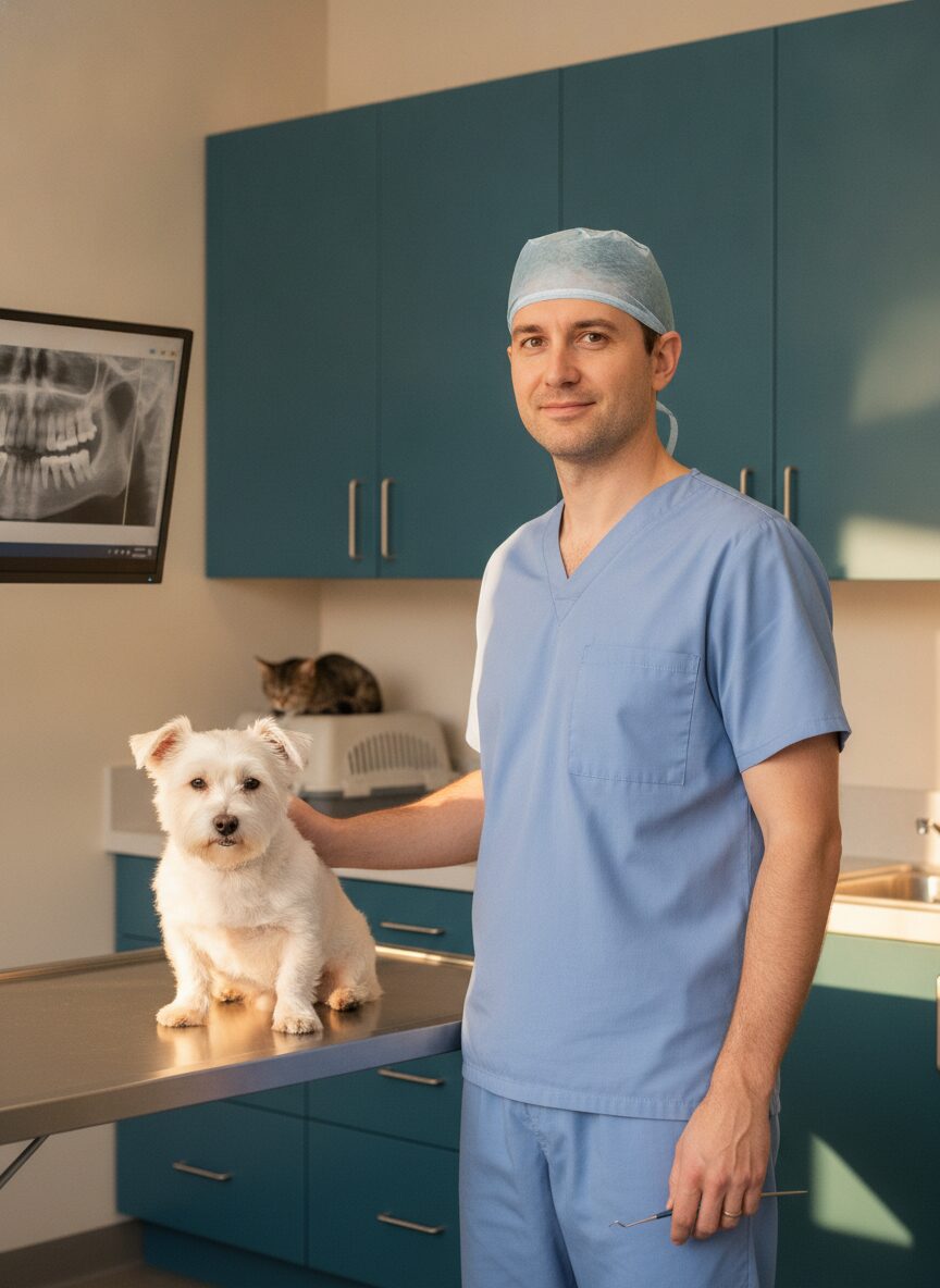 Dr. Ellis Fontaine in surgical scrubs reviewing a dental x-ray on a monitor