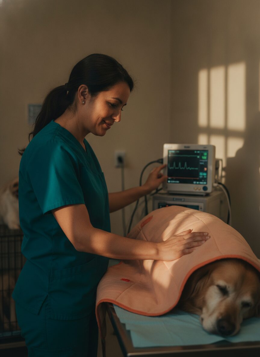 Marisol Vega, veterinary nurse, monitoring anesthesia beside a sleeping dog under a warming blanket