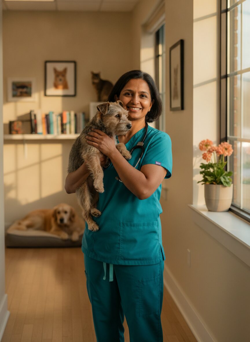 Dr. Priya Raman in scrubs, smiling, holding a small terrier against her shoulder