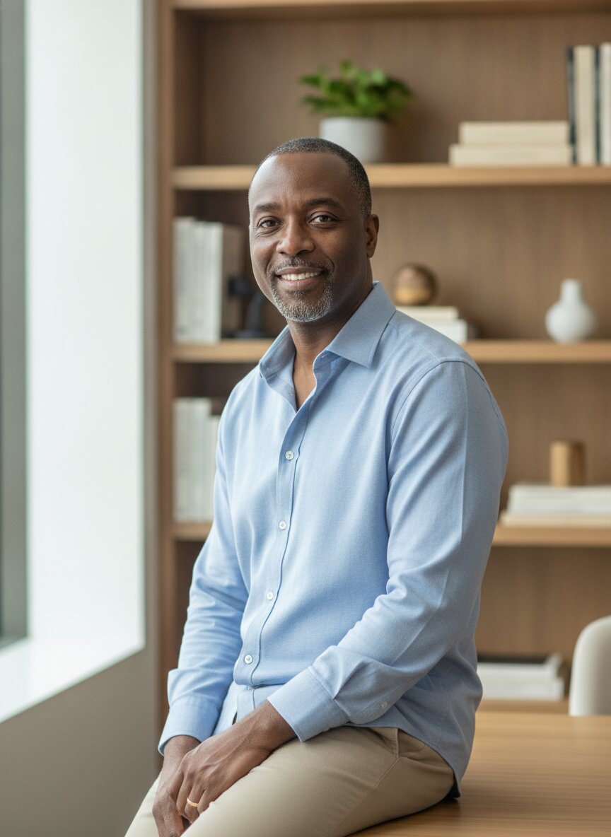 Marcus Odom, insurance agent, seated at his desk