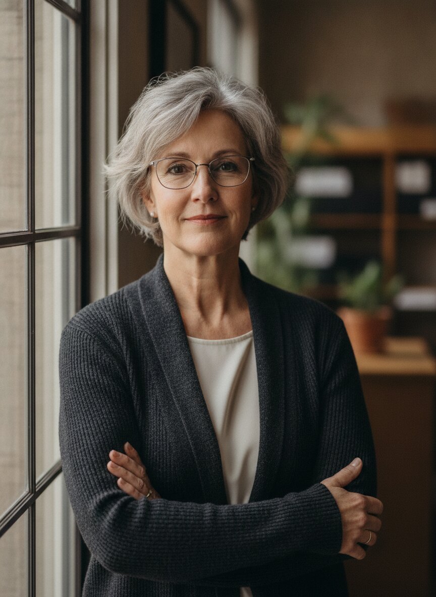 Ruth Kessler, insurance agent, standing by the office window