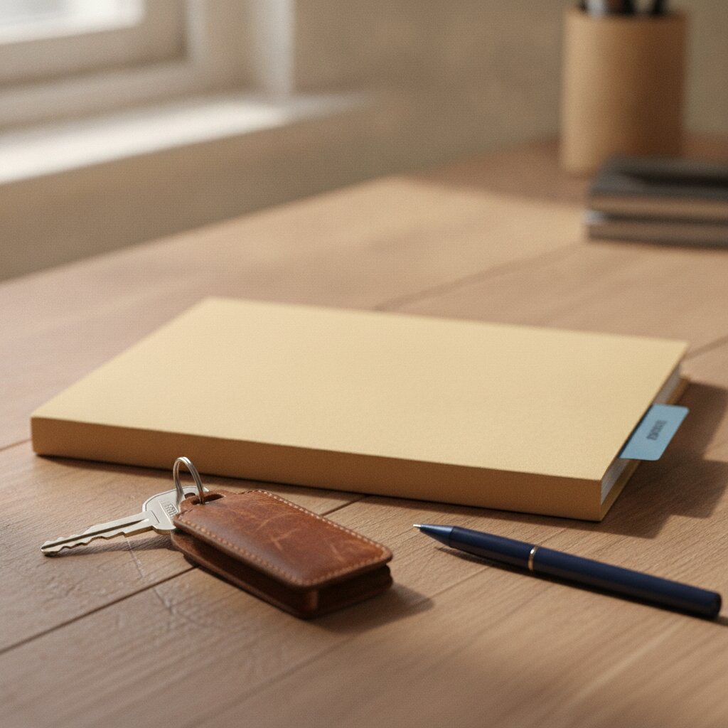 Car keys and a folded policy folder on a wooden desk
