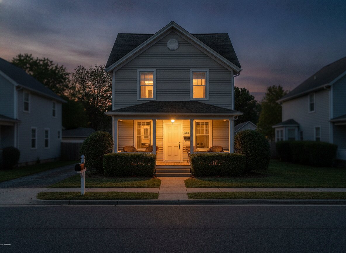 A modest, well-kept house at dusk with the porch light on