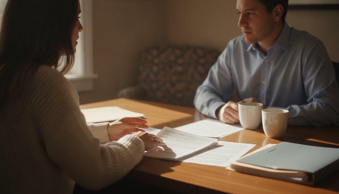 An agent and a client going over a policy at a wooden desk in the Bulwark office