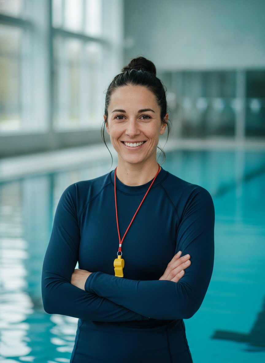 Marisol Tan, head instructor, at the edge of the teaching pool