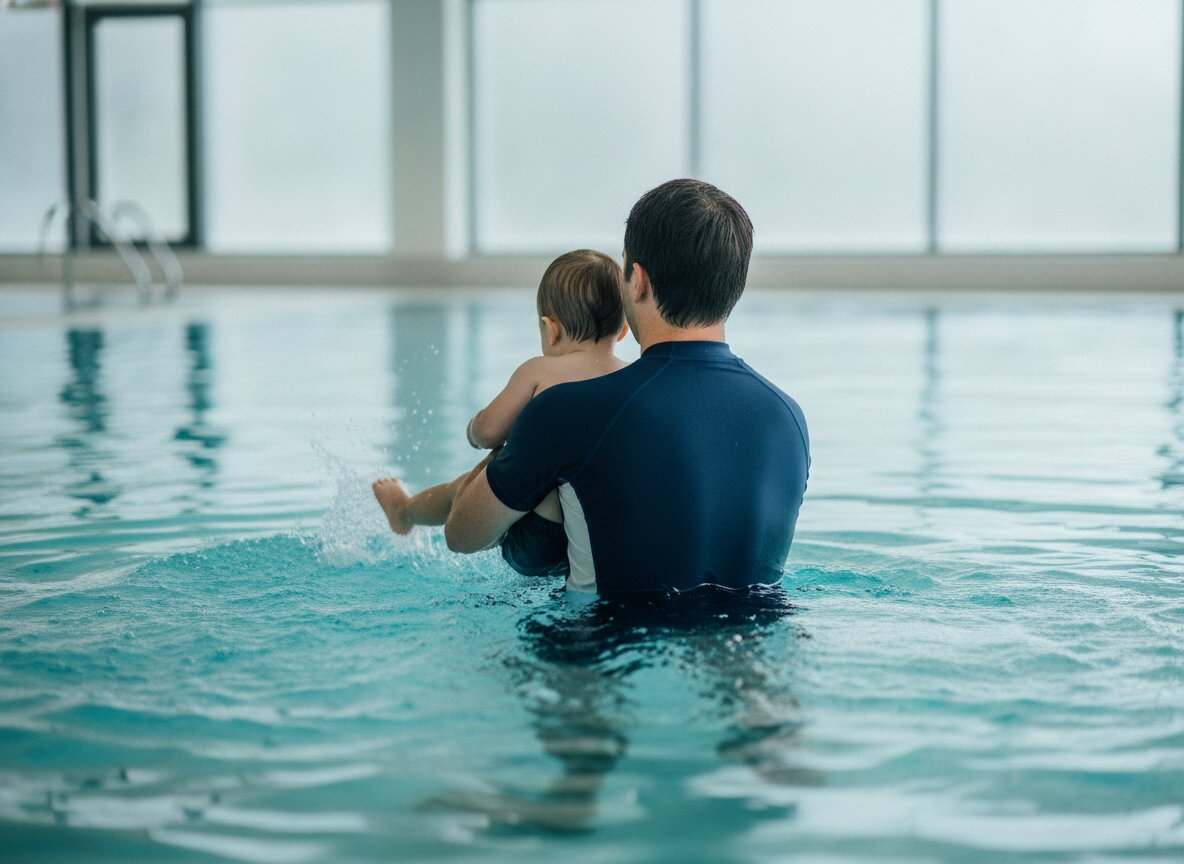 An instructor in the water supporting a small child from behind while they kick