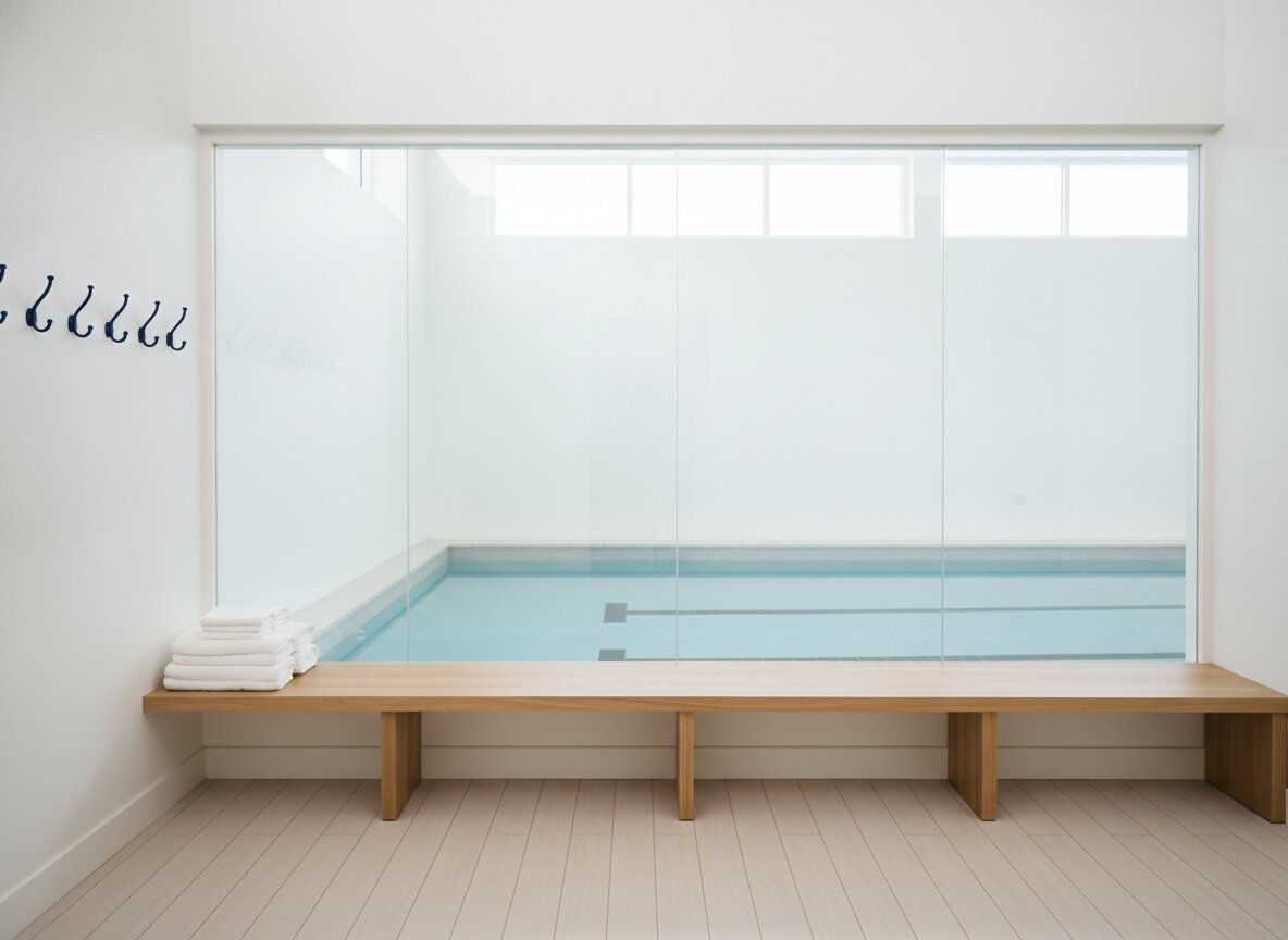 The viewing area: a long bench along the glass wall beside the pool