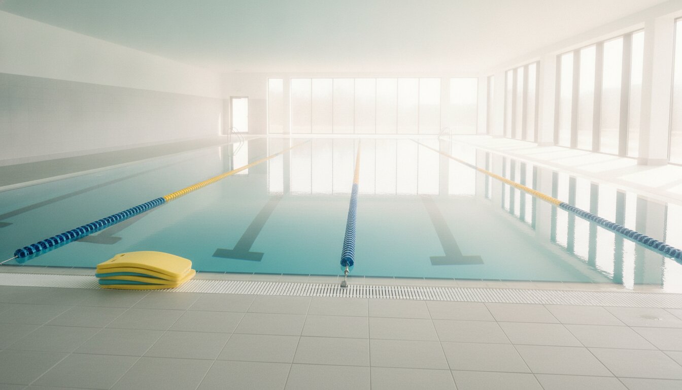 The Buoy teaching pool: two lane ropes, calm water, and tall windows full of daylight