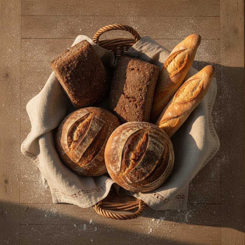 Sourdough loaves and baguettes in a wicker basket, seen from above