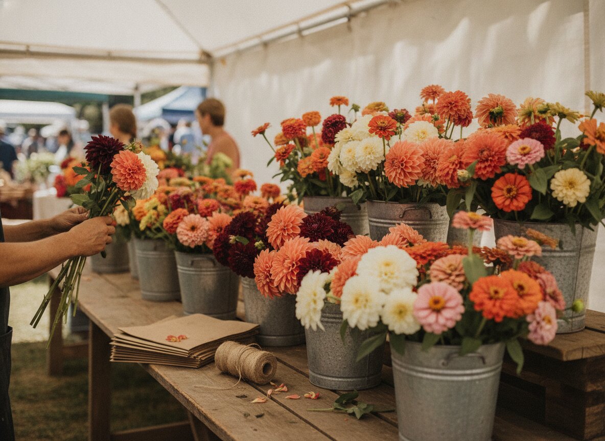 Hands arranging dahlias and zinnias in galvanized buckets at a flower stall