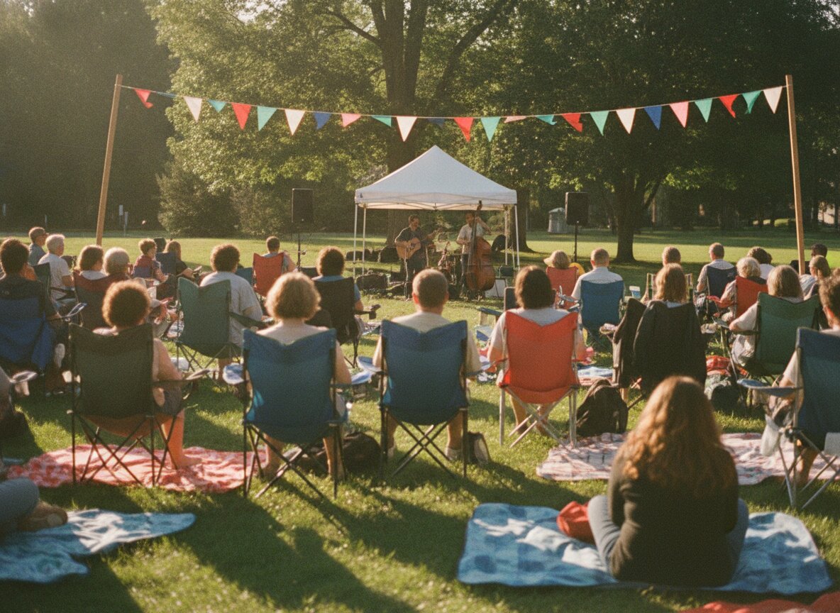 A folk band playing under a canopy tent on the green, seen from behind the crowd