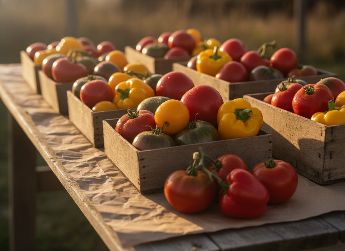 Heirloom tomatoes and sweet peppers piled in wooden crates on a market table