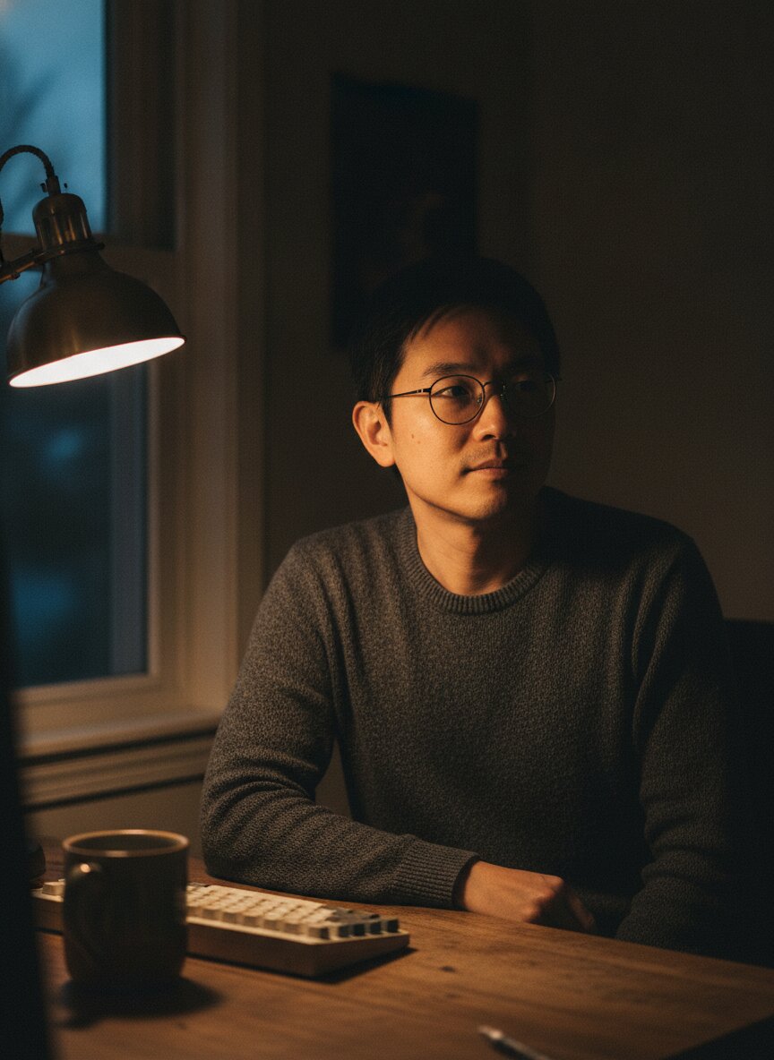 Rio Tanaka at a desk by the window, lit by a warm lamp