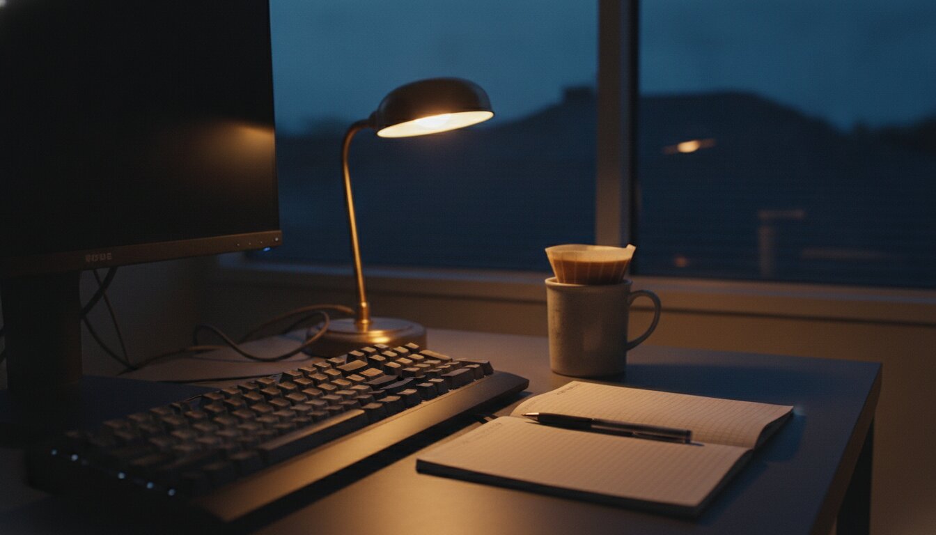 Rio's desk at dusk: mechanical keyboard, notebook, and a warm lamp by the window