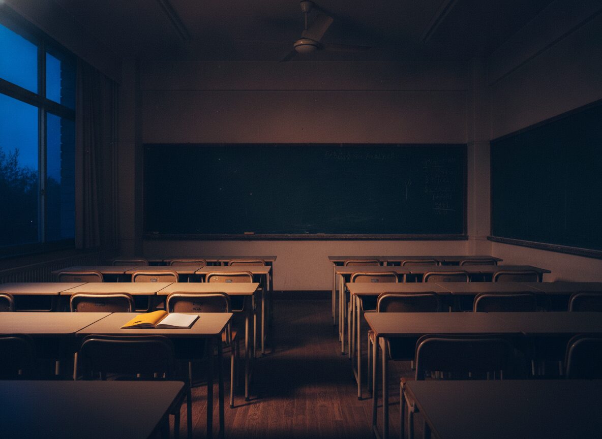 The Chalk classroom in the evening: two rows of desks, a wide blackboard, warm ceiling light