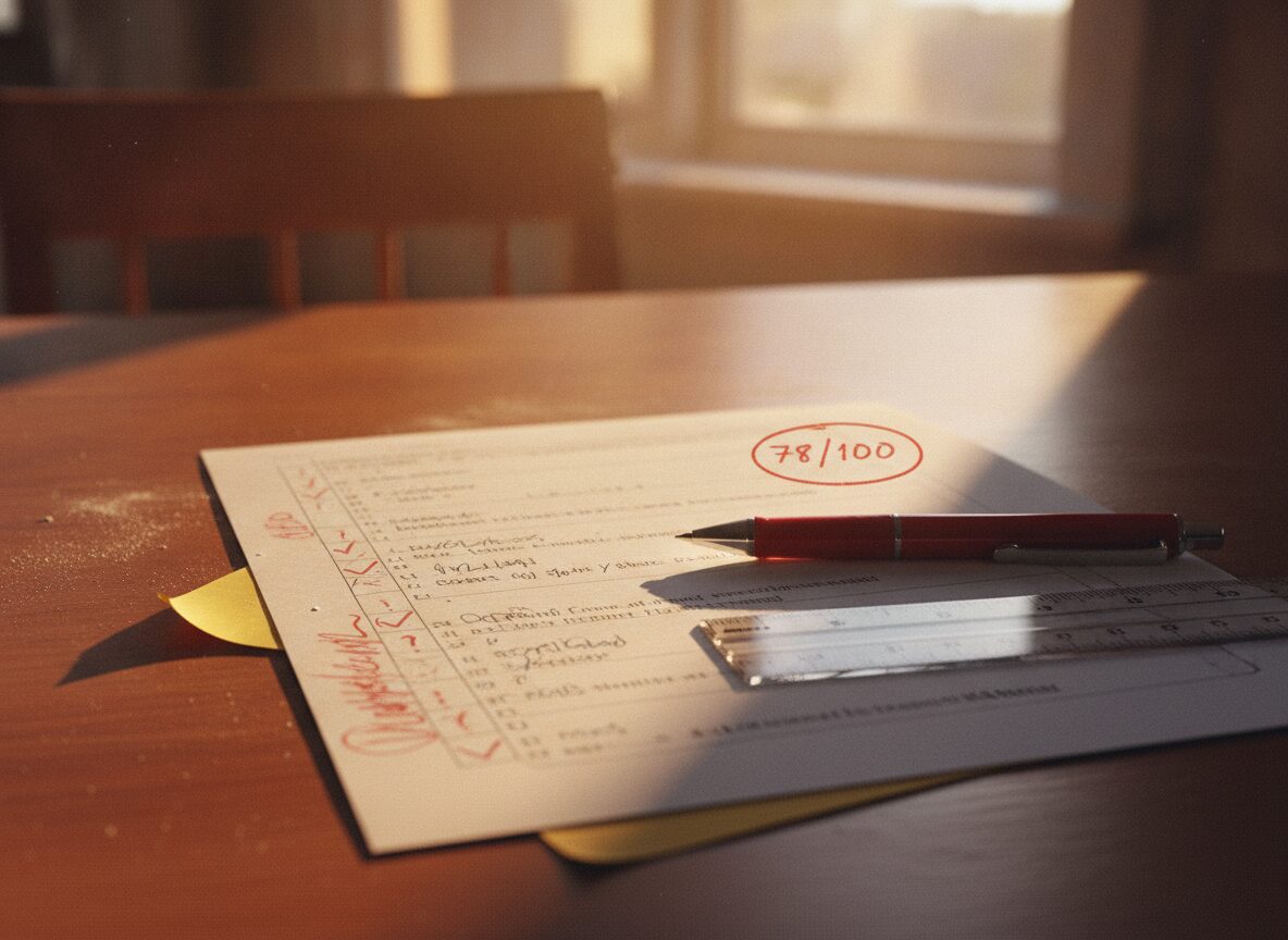 A marked mock paper on a wooden desk, red pen corrections in the margin beside a score