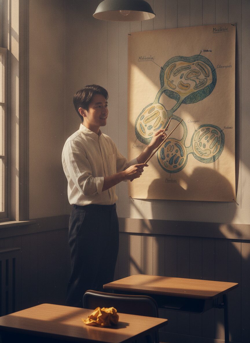 Daniel Cho pointing at a hand-drawn biology diagram pinned to a wall