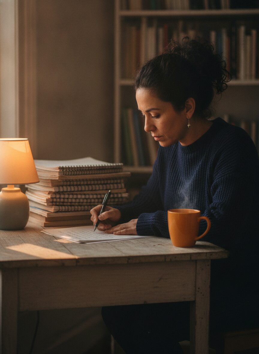 Marisol Vega reading a student essay with a pen in hand at a small desk