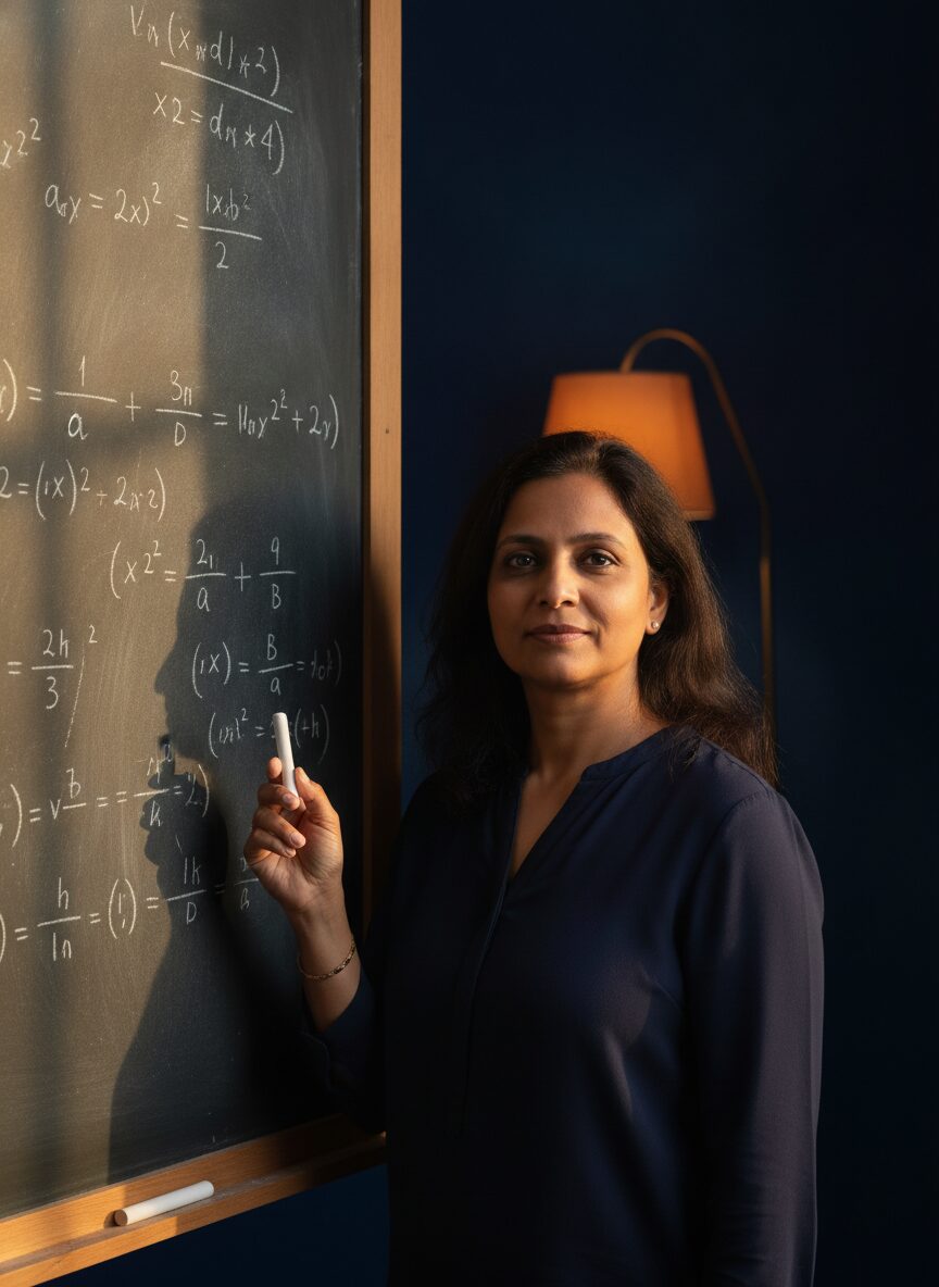 Rehana Mirza standing beside a blackboard covered in worked algebra