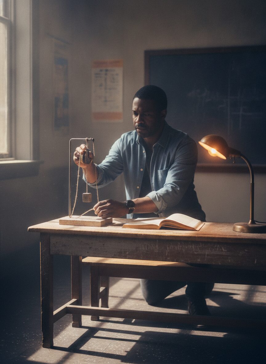 Samuel Adeyemi setting up a simple pulley demonstration on a classroom bench