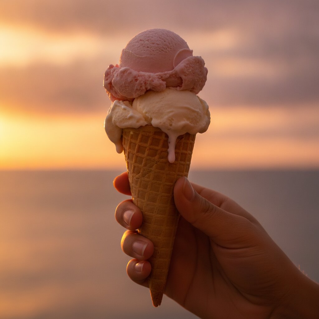 A double scoop cone against the sunset, one drip starting
