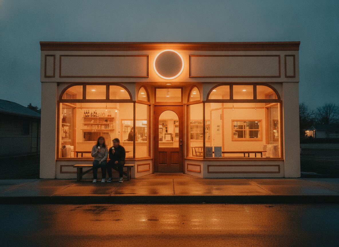 The storefront at dusk, people on the bench out front
