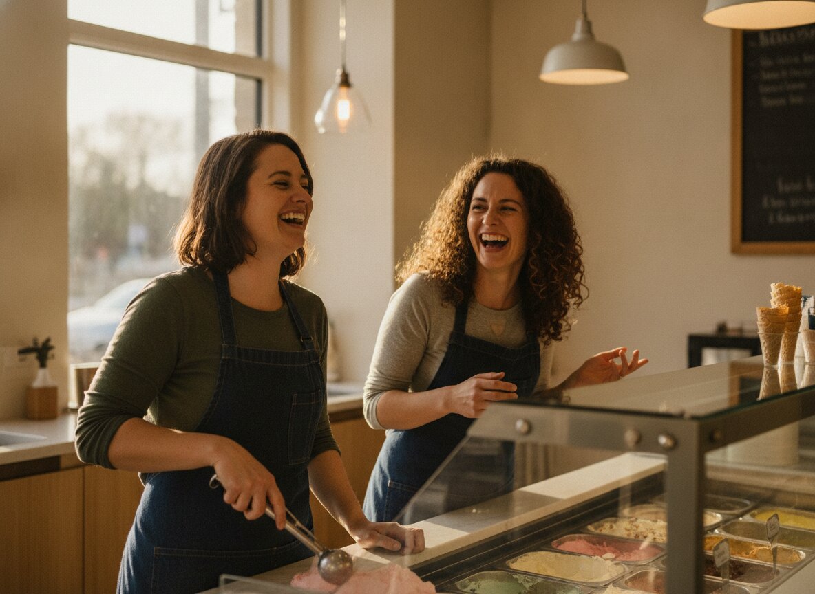 Nora and June laughing behind the counter in their aprons