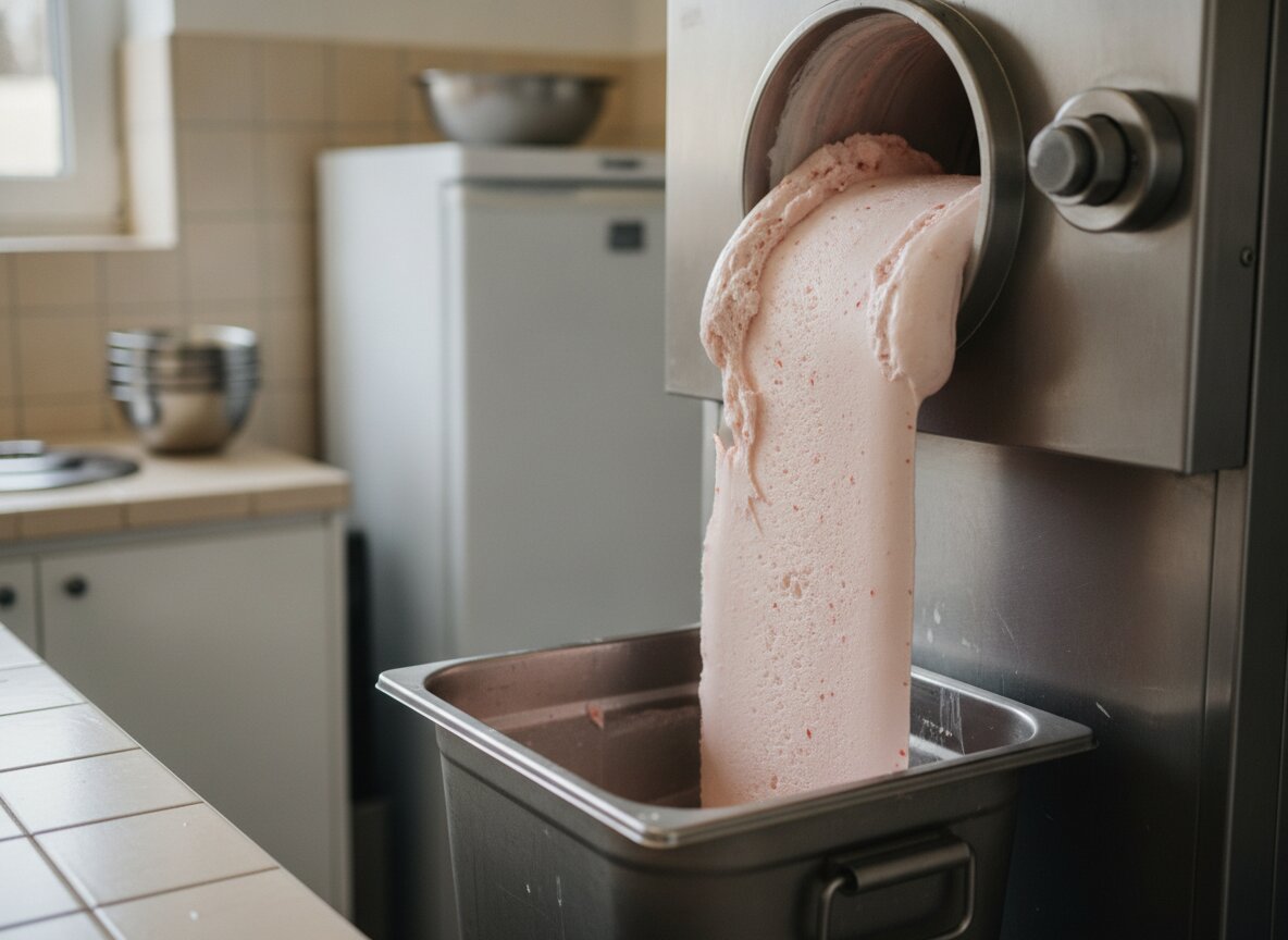 Pale pink strawberry ice cream ribboning out of the batch freezer