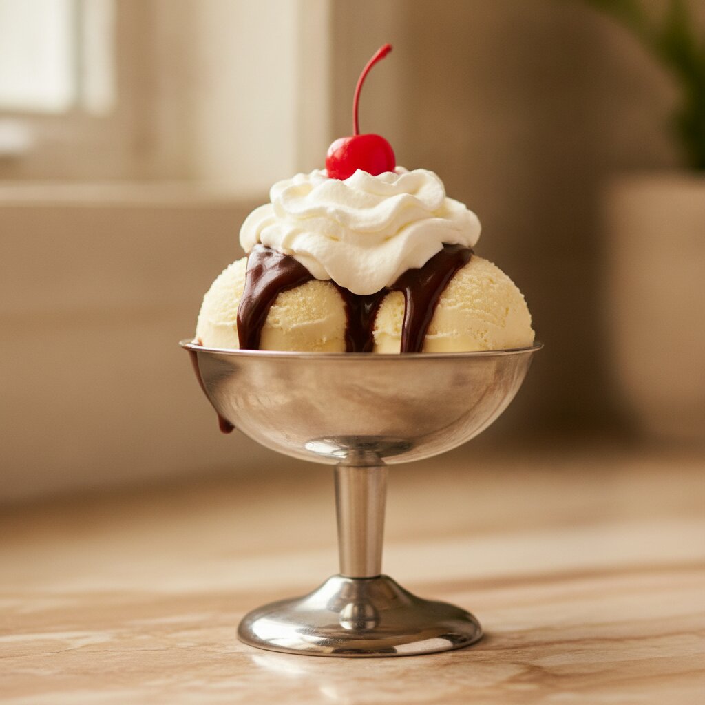 A hot fudge sundae in a metal coupe with a cherry on top