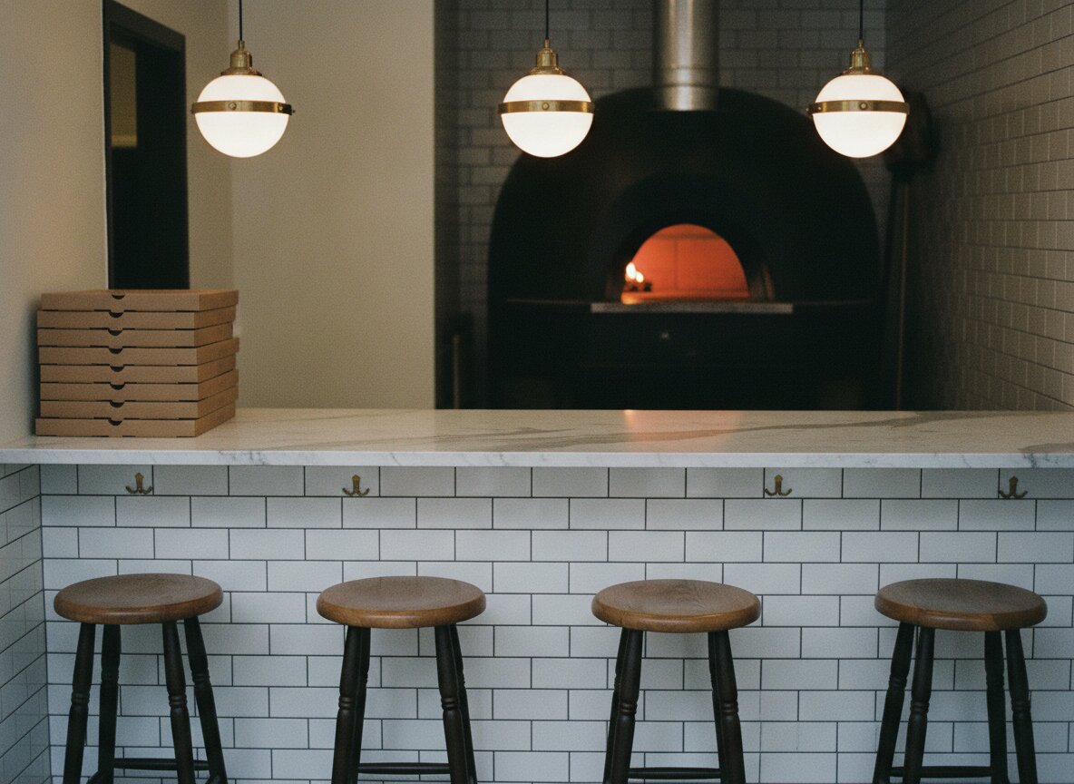 White subway tile counter with wooden stools under warm pendant lights