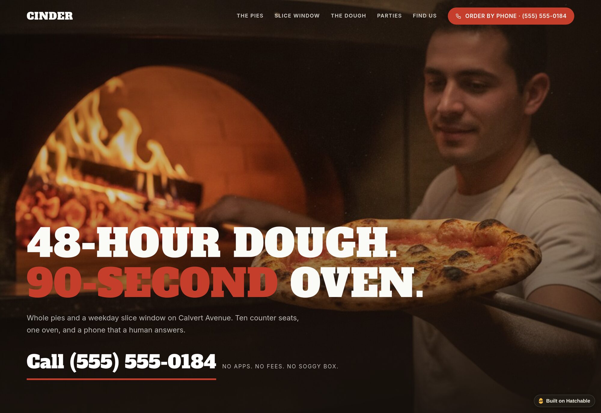 Cinder pizza shop website template — full design preview