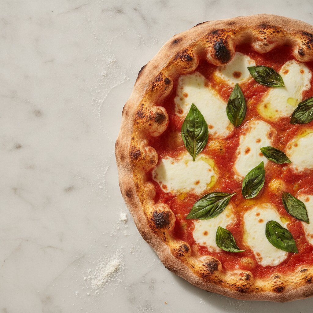 Margherita overhead on marble, charred cornicione, torn basil