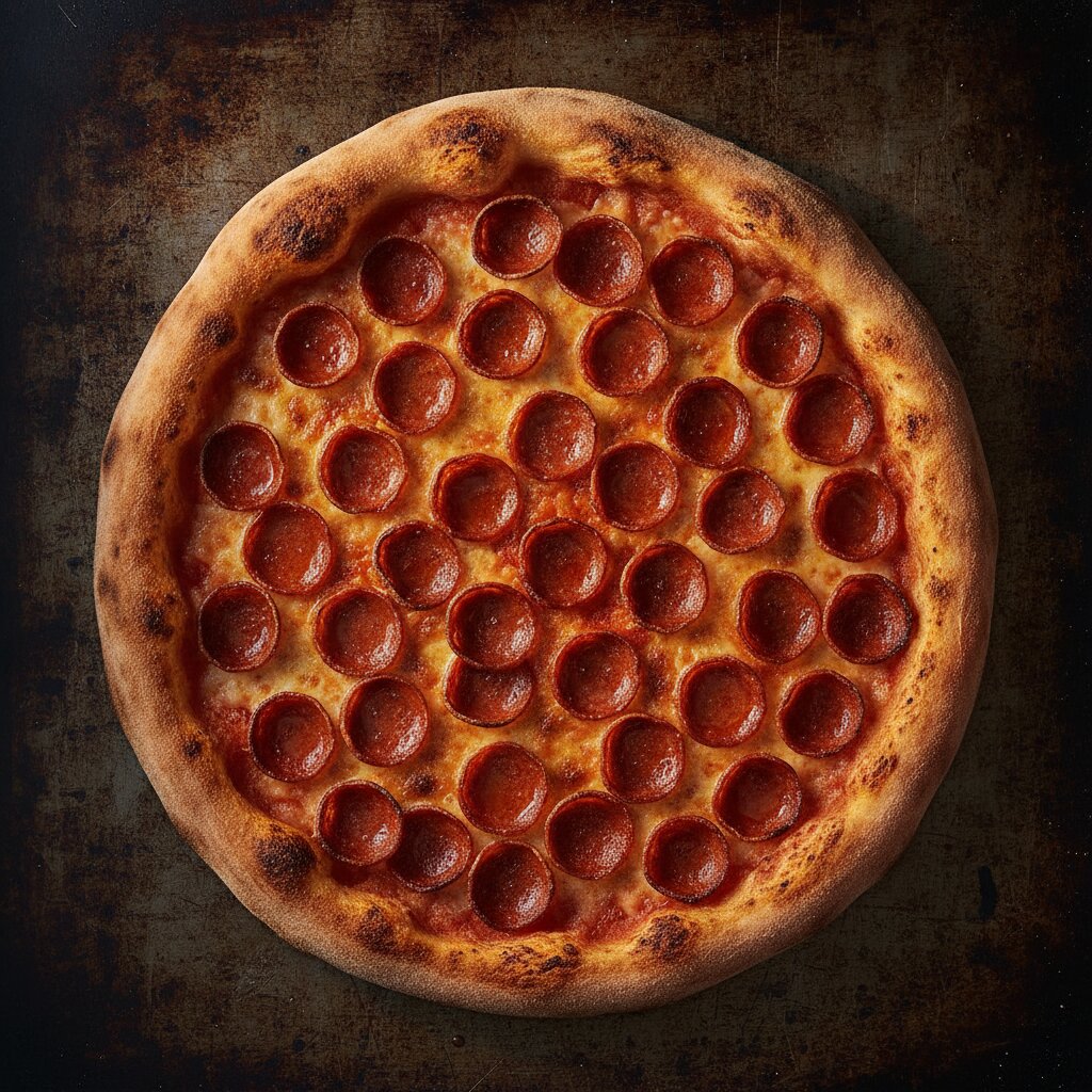 Pepperoni pie overhead, cupped and charred, oil pooling