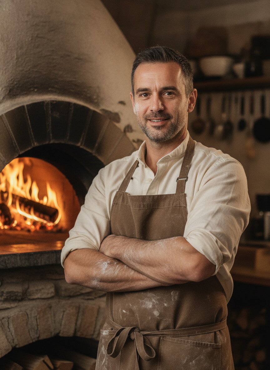 Dom Ferro, flour-dusted, arms crossed beside the oven