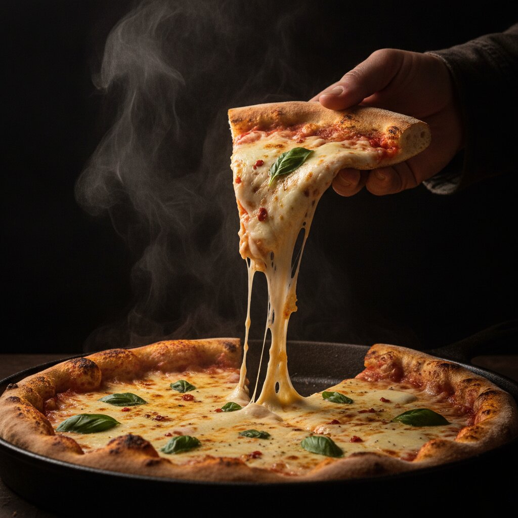 A lifted slice with a long cheese pull against a dark backdrop
