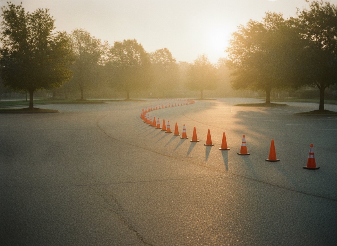 An empty parking lot with practice cones in soft morning light