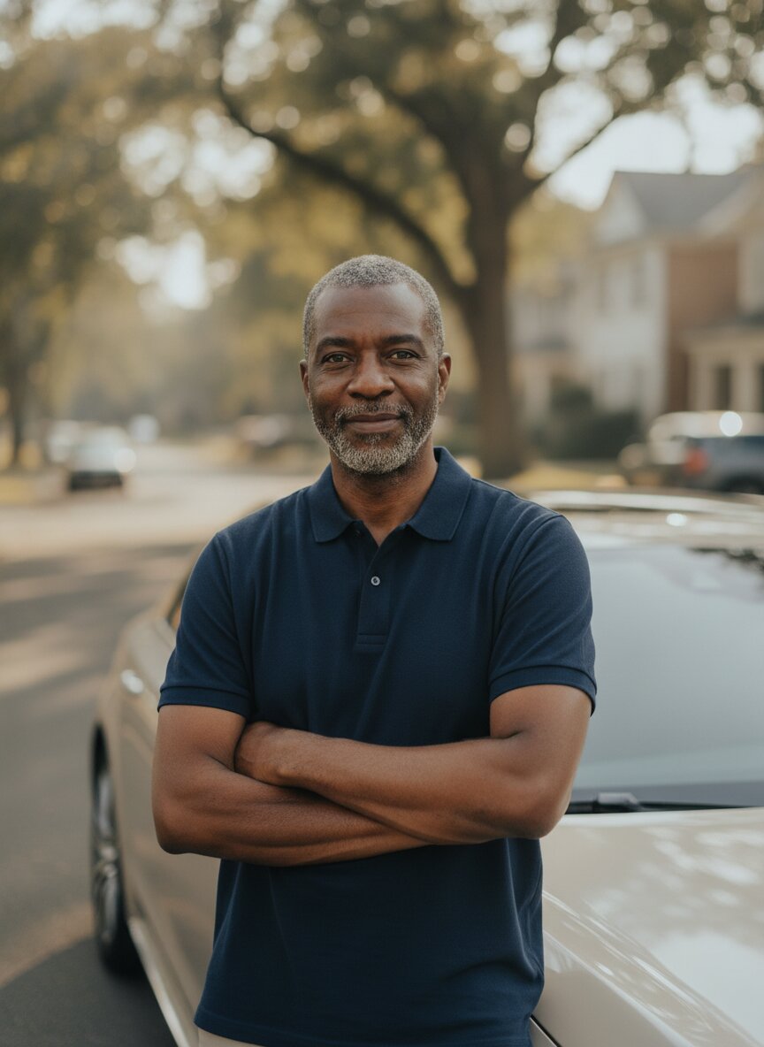 Femi Adeyemi, Clutch instructor, standing by a sedan