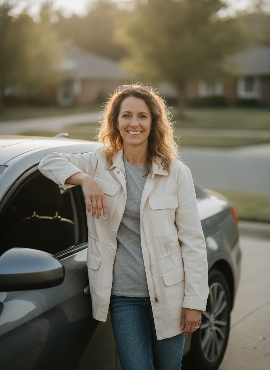 Dana Merrick, Clutch instructor, leaning on a car door