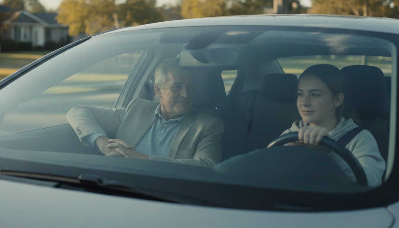 A Clutch instructor in the passenger seat and a teen student driving, both calm, on a quiet suburban street