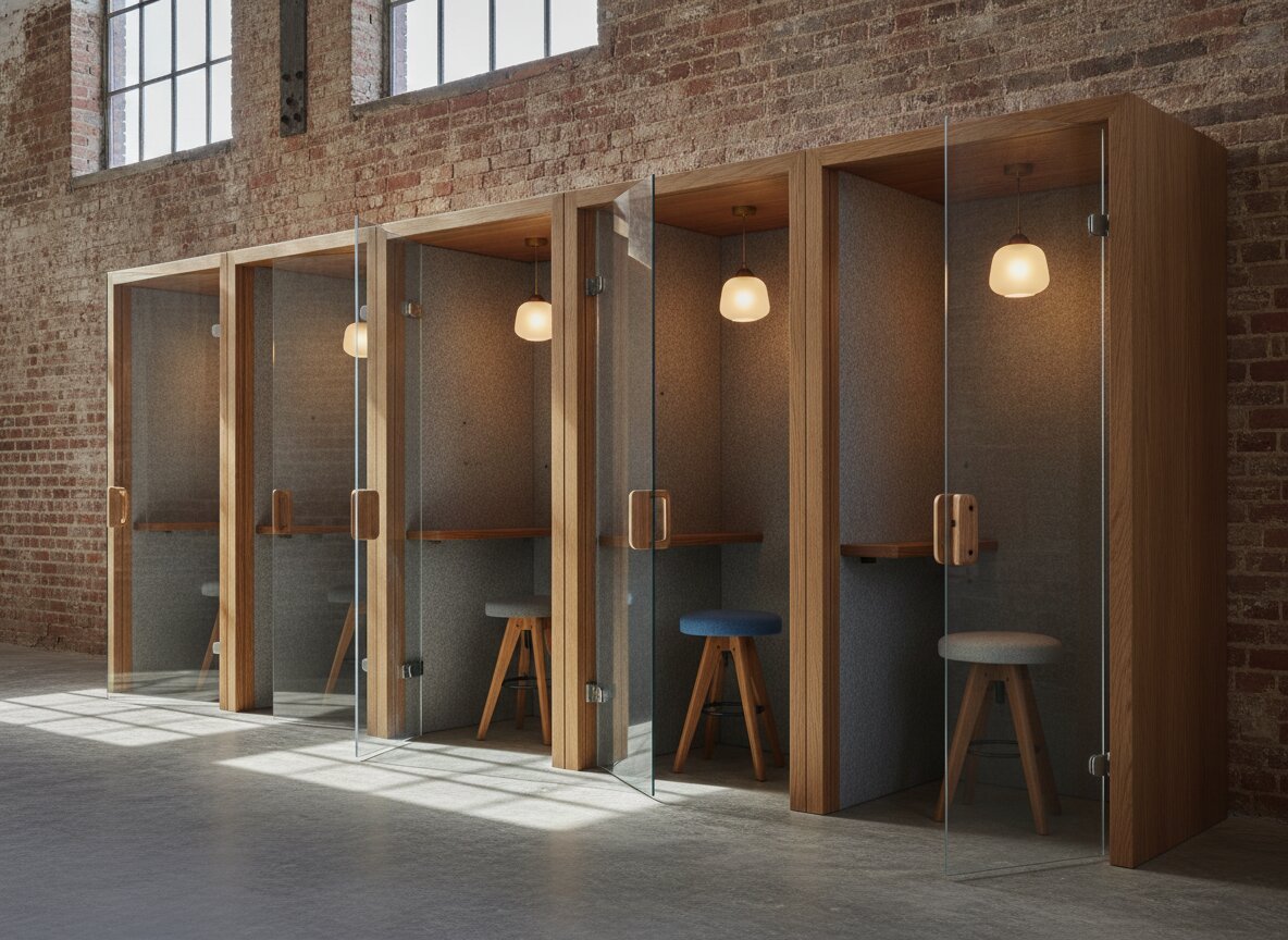 A row of oak phone booths with warm lights and doors ajar