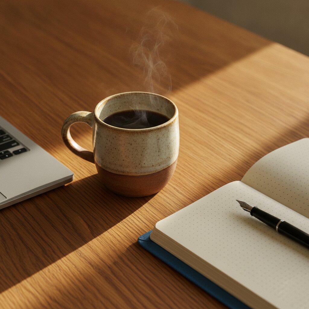 Mug, notebook, and laptop on an oak desk in a stripe of sun