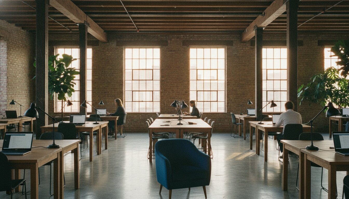 The Commons main floor in daylight, brick, timber, and rows of oak desks