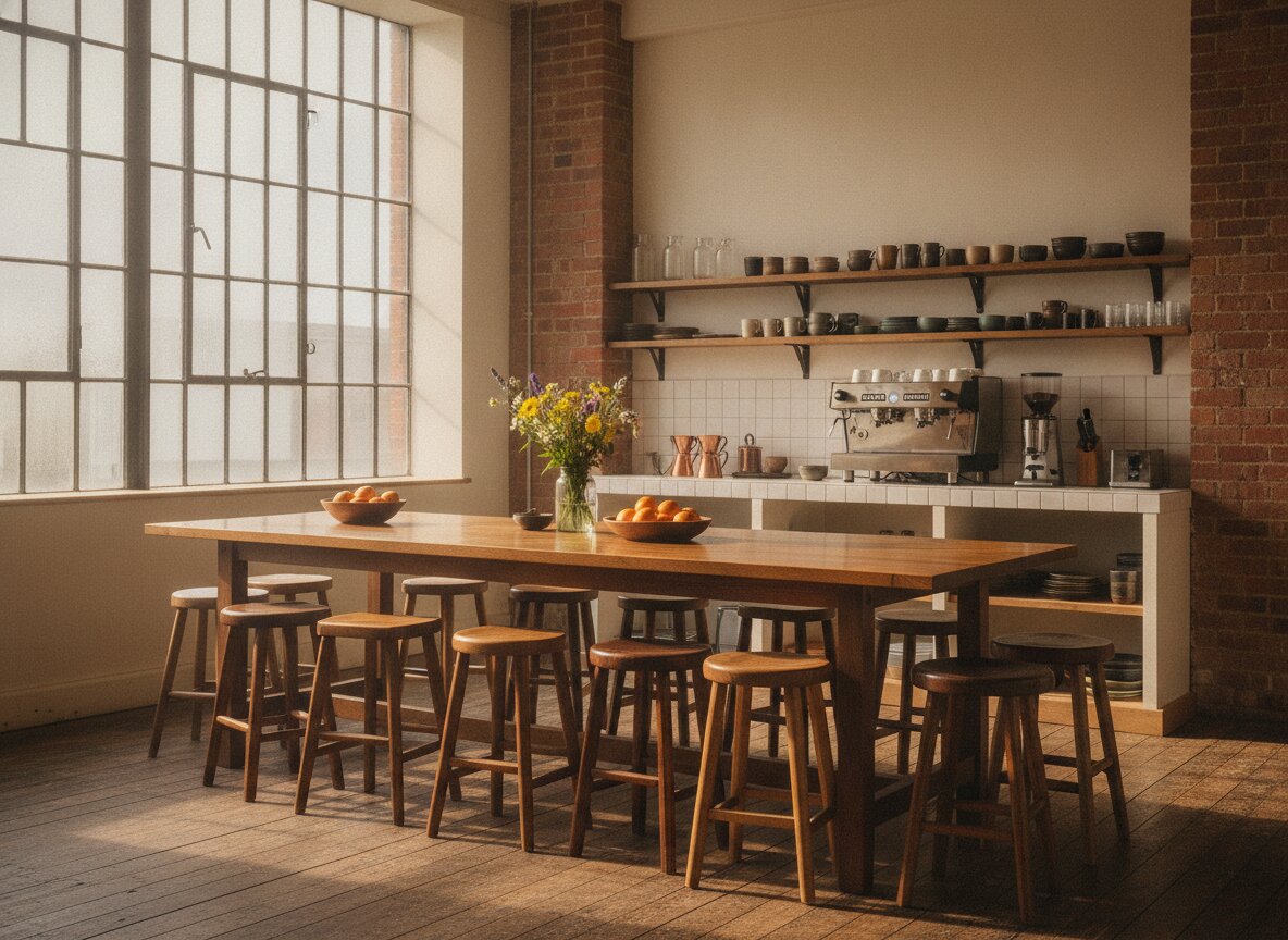The kitchen, long oak table and espresso machine in morning light