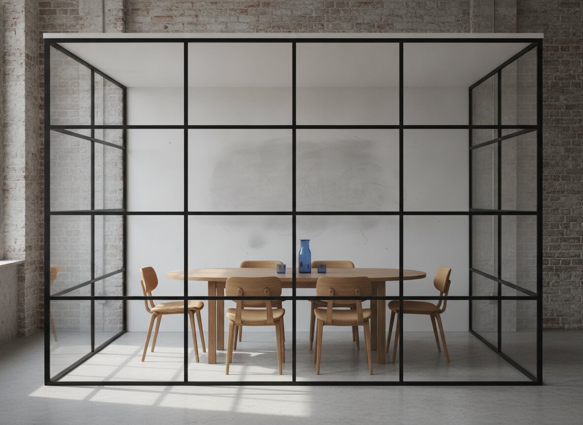 A glass-walled meeting room with a whiteboard wall and warm chairs