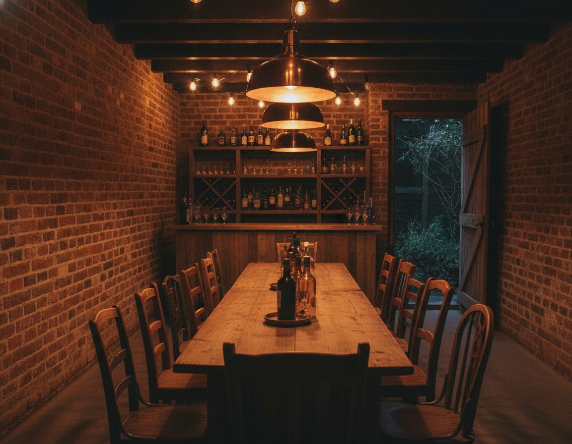 The Cellar Room set for a party, one long table under warm bulbs with its own small bar at the end