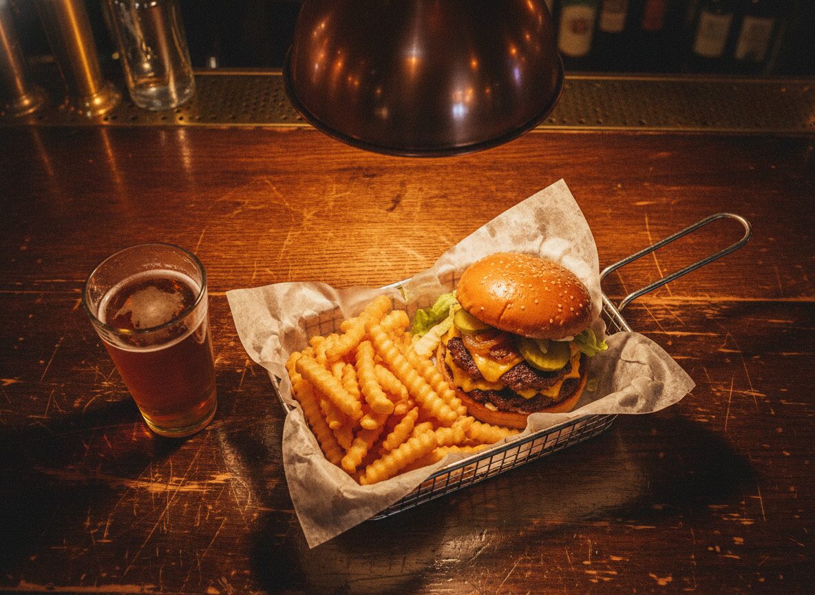 A smash burger and fries in a metal basket on a scratched wooden bar top