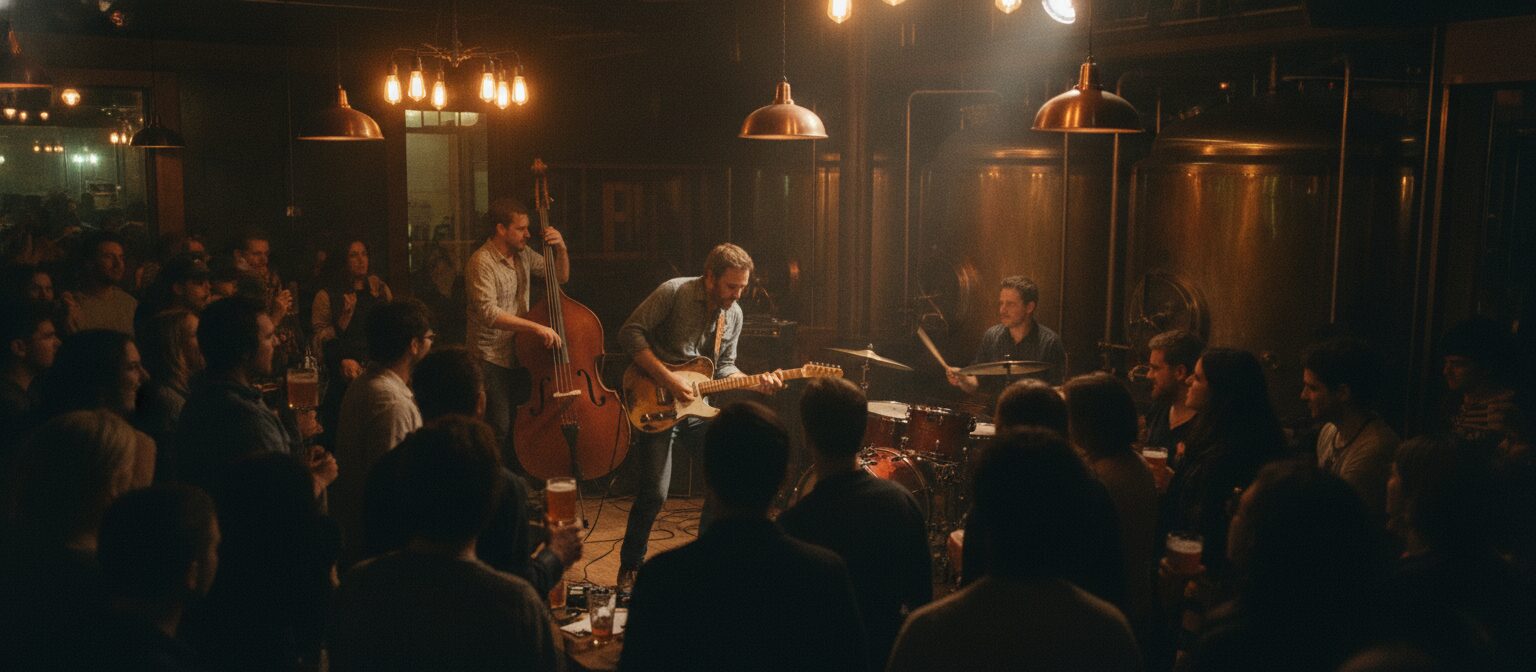 A three-piece band playing in the corner of the taproom on a Thursday, the room packed to the bar