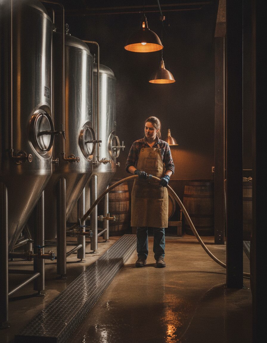 Dara Whitlock on the gantry beside three steel fermentation tanks in the brewhouse, hose in hand