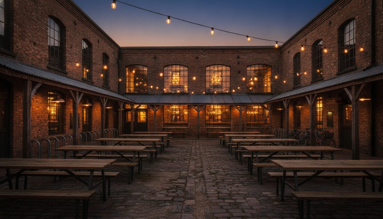 The Kiln Yard entrance at dusk, string lights over the picnic tables and the lit windows of the taproom behind